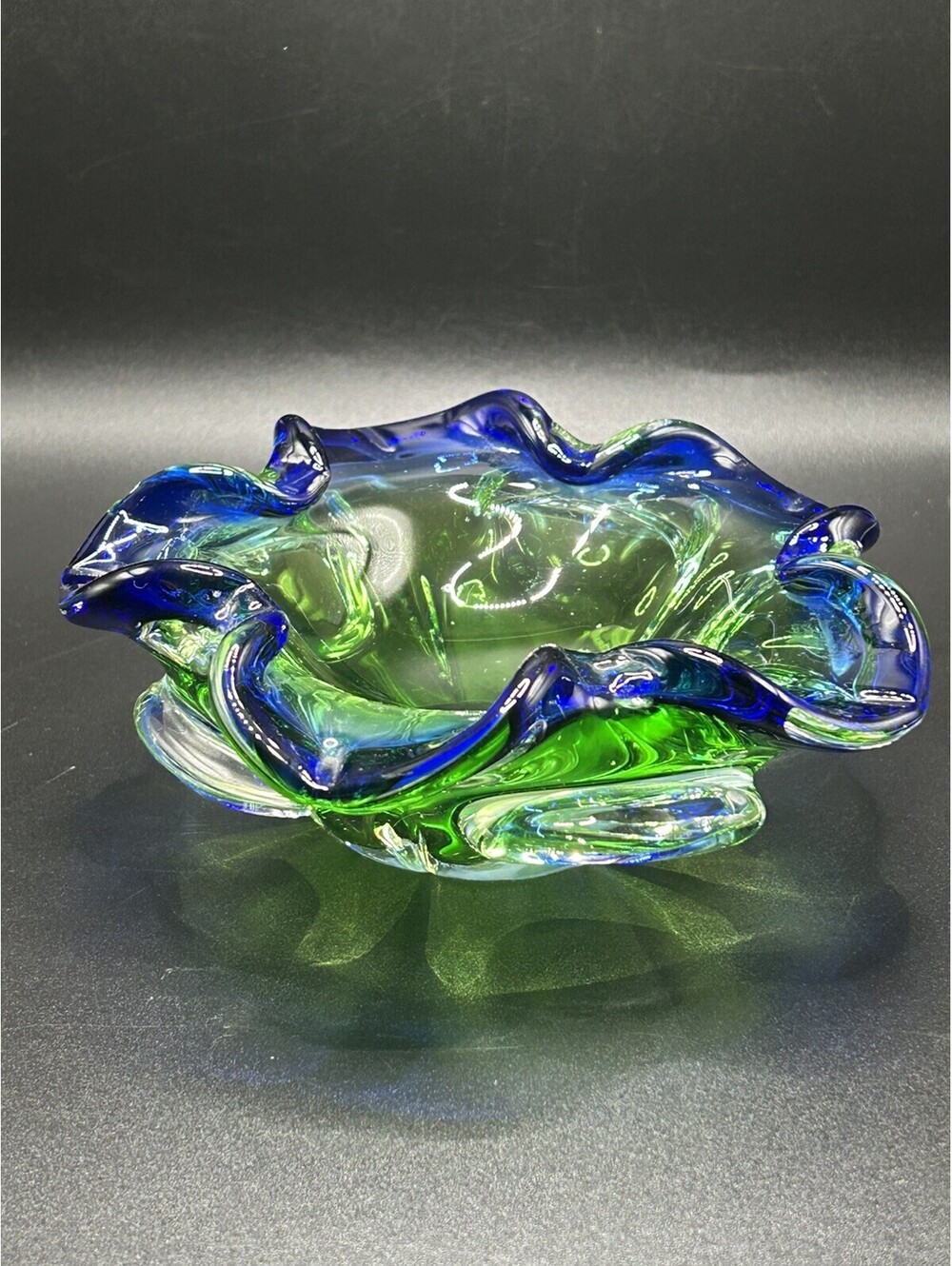 Vintage Heavy Hand Blown Murano Glass Ashtray/Bowl Blue/Clear/Green